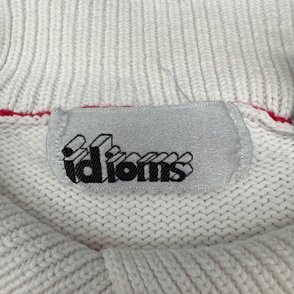 Vintage 1980s Sweater White Red Stripes idioms Retro Preppy Size Medium Retro - Picture 4 of 10